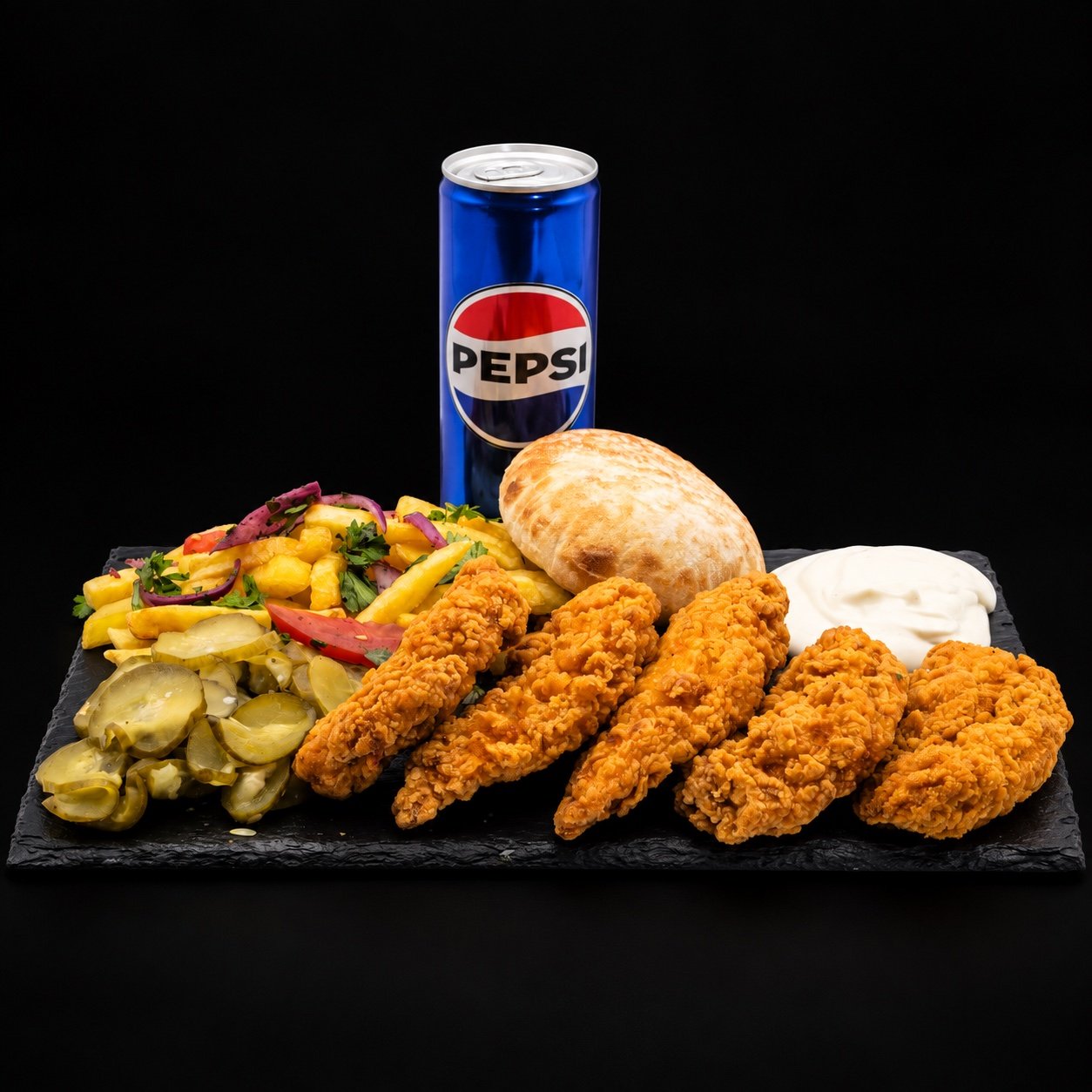 Meniu crispy DAVA cu cartofi, legume, pâine, sos și Pepsi