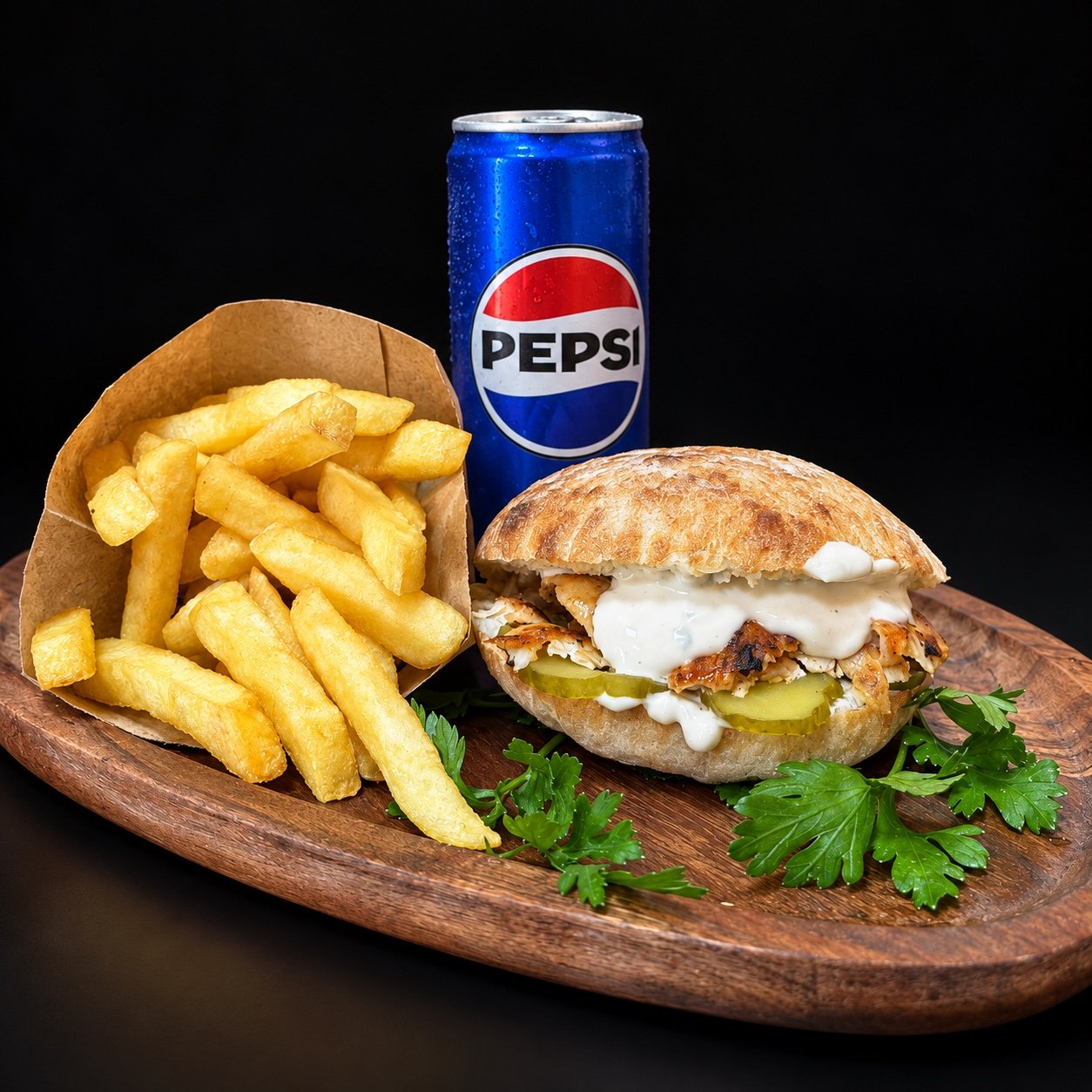Combo DAVA cu kebap de pui, cartofi prăjiți și Pepsi, pe platou de lemn