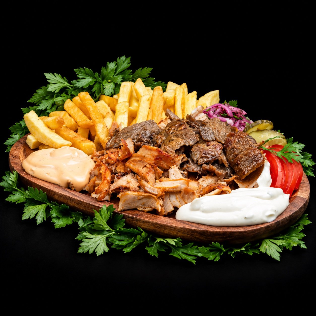 Farfurie mixtă DAVA cu pui, vită, cartofi prăjiți, legume și sosuri
